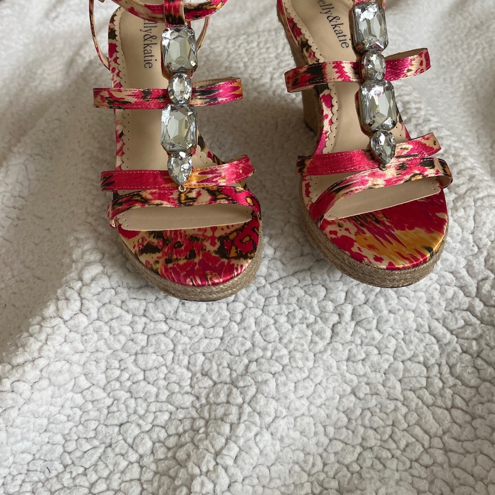 Rarely worn, Beautiful, pink wedge sandals with bling” perfect for date night